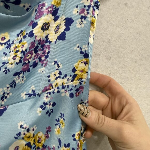 Zara Dress Womens Small Blue Floral Puff Sleeve Fit & Flare Mini Satin Sundress - Picture 9 of 14